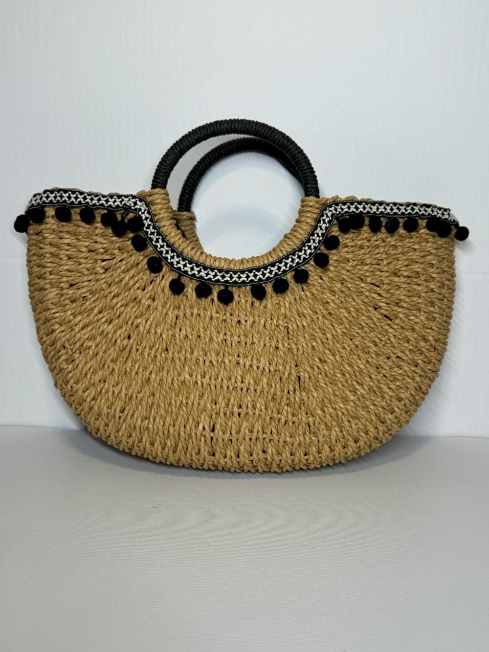 Boho Woven Straw Tote Bag Pom Pom Trim Round Handles Beach Resort Summer